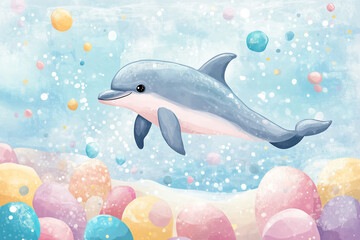 Playful dolphin swimming among colorful bubbles underwater