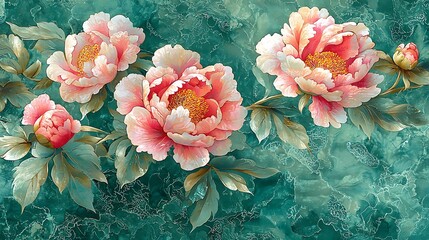 Wall Mural - Beautiful pink peonies bloom on a teal watercolor background, capturing the delicate essence of floral beauty.