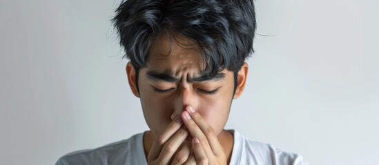 A young man of Asian descent making a face as he holds his nose due to a strong odor set against a white background in a copy space image