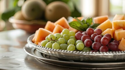 A colorful fruit platter with cantaloupe, watermelon, honeydew, and grapes.