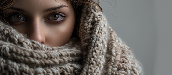 Canvas Print - Elegant lady wearing a cozy scarf poses against a gray backdrop with room for a caption in the copy space image