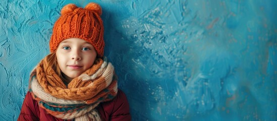 Poster - Child in cozy winter attire on a blue backdrop with copy space image
