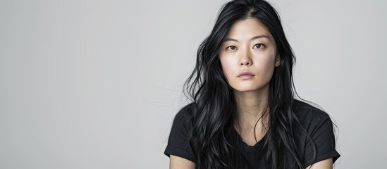 Canvas Print - Portrait of an emotive young Asian woman with long black hair in a casual black T shirt against a white backdrop with room for text or image integration. Creative banner. Copyspace image