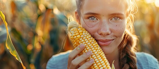 Sticker - An image featuring a young woman enjoying corn with ample copy space for additional text or graphics