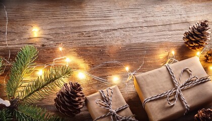 Canvas Print - rustic christmas gifts and decorations with pine cones and fairy lights on wood background for festive holiday celebration