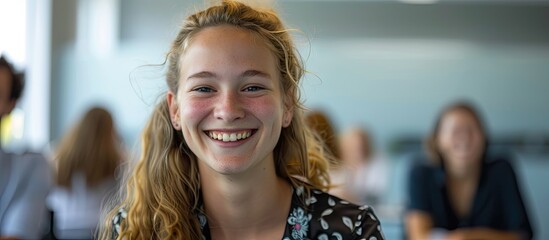 Wall Mural - Happy intern in a meeting room at concilium loving their job and smiling for a picture with a copy space image