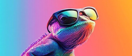 Wall Mural - chameleon wearing sunglasses on a solid color background, vector art, digital art, faceted, minimal, abstract, panorama background