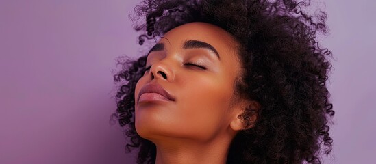 Sticker - A contemplative lady with dry shampoo in her hair against a purple backdrop with copy space image