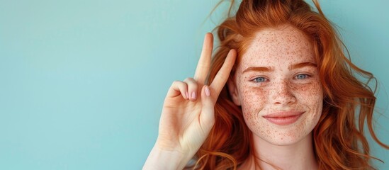 Sticker - Charming red haired girl with freckles smiles and flashes the okay sign against a pastel blue backdrop in a headshot portrait providing a copy space image