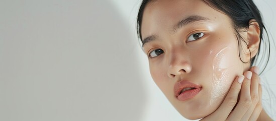 Poster - Asian woman applying cream to hydrated skin in a portrait on a white studio backdrop with copy space image showcasing a skincare concept