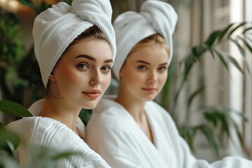 Two beautiful women wearing bathrobes and towels enjoying wellness treatment