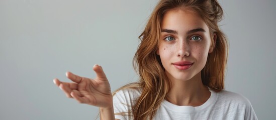 Canvas Print - Girl showcasing copy space image on palm and pointing at it against a gray background in a panoramic view