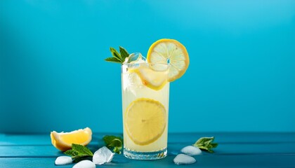 Canvas Print - cocktail refreshing lemon drink on summer blue background