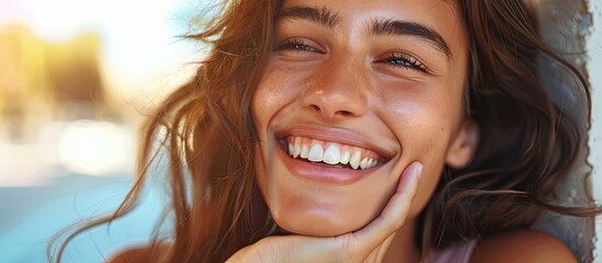 Aufkleber - A beautiful young woman is smiling confidently hand on chin representing a virtual coin concept in a photograph with copy space image