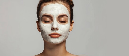 Poster - A young woman with a facial mask poses against a plain background creating a serene image with copy space