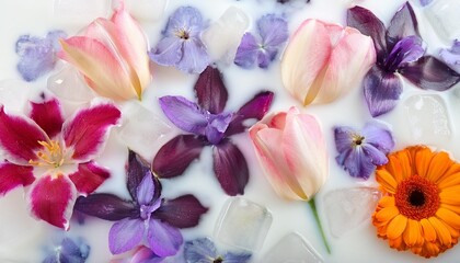 Poster - artistic background with frozen orchid tulip and clematis flowers in ice water and milk