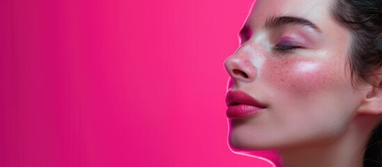 Wall Mural - A woman with closed eyes and part of her face showing against a bright pink background ideal for a copy space image