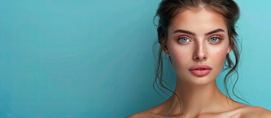 Poster - A lovely young woman with hydrated skin posing in front of a blue backdrop with space for text or other images. Creative banner. Copyspace image