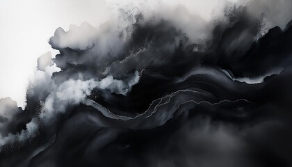 Wall Mural - abstract black watercolor background painting dark black abstract stormy waves and spray in painted texture with soft blurred white fog or haze