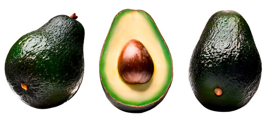 Set of 3 ripe avocados isolated on white. Two avocados and one cut-in-half slice with the seed. Healthy fruits superfood for nutrition, cooking, diet, vegetarian food blog, article or magazine