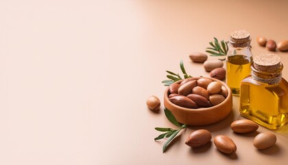 argan seeds and oil background argana nuts and branches created with generative ai tools generative ai