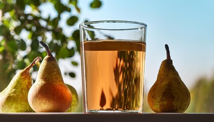 Canvas Print - a glass filled with liquid adjacent to pears on a window sill with a tree in the backdrop