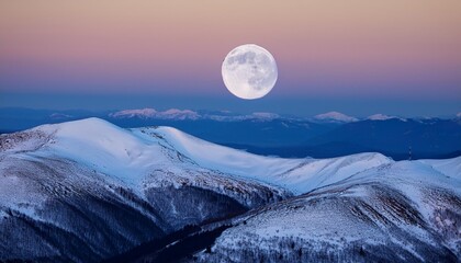 Wall Mural - full moon over snow covered mountain landscape during dusk