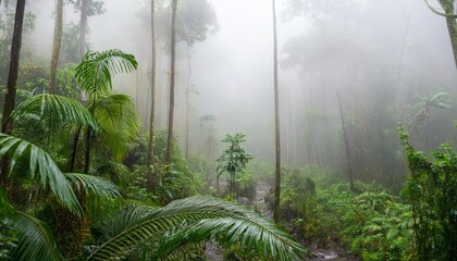 Sticker - monsoon rains in tropical rainforest lush plants atmospheric mist