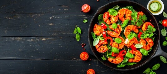 Wall Mural - Spicy Shrimps Fried with Red Chili Peppers, Herbs, and Spicy Food on a Dark Background, Top View