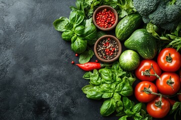 Wall Mural - Fresh Vegetables and Cooking Ingredients from Above on a Dark Background for a Healthy Food Concep