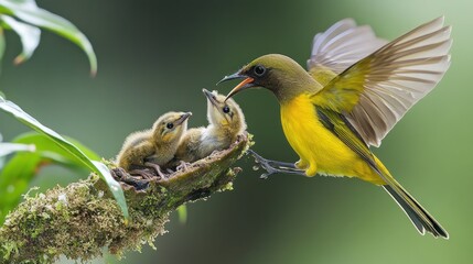 Wall Mural - A Yellow Bird Feeding Its Young in a Nest