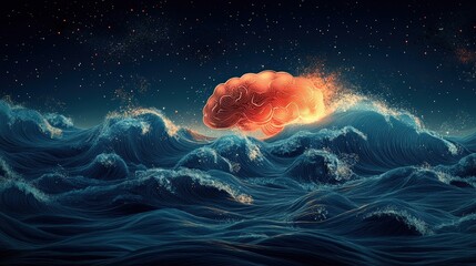 Wall Mural - mental health concepts. calm ocean waves, brain outline, flat design illustration, no logo, no trade