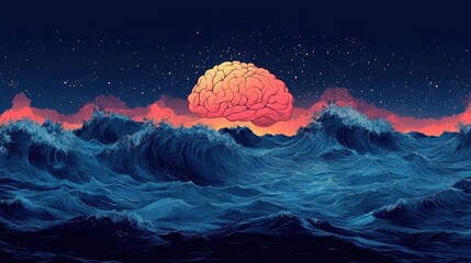 Wall Mural - mental health concepts. calm ocean waves, brain outline, flat design illustration, no logo, no trade