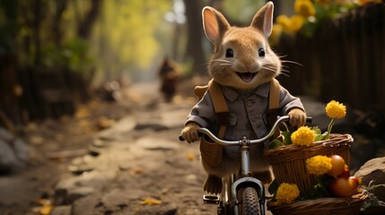 A cute and funny cheerful rabbit holds an egg and rides a bicycle on the occasion of Easter celebration.