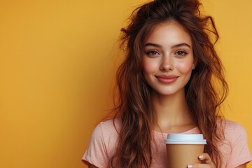 Wall Mural - Young, Happy Woman in Pink T-Shirt Holding Takeaway Coffee Cup Against Bright Yellow Background