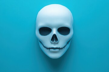 Wall Mural - halloween background in minimal concept. halloween masks, pastel blue background, flat design illust