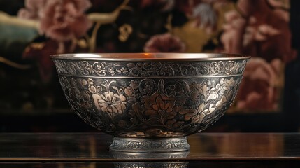 Ornate Copper Bowl with Floral Design