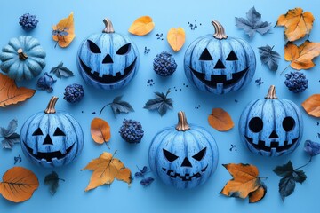 Wall Mural - halloween background in minimal concept. halloween masks, pastel blue background, flat design illust