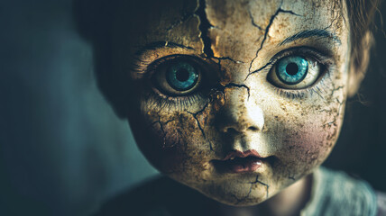 Wall Mural - Distressed doll with cracked face and intense gaze