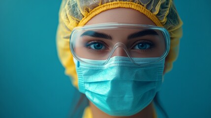 Poster - A woman wearing a yellow lab coat and a blue mask