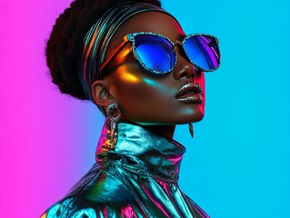 Wall Mural - Fashionable woman in a silver jacket with sunglasses and colorful lighting.