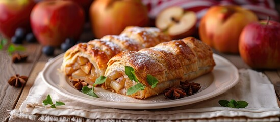 Poster - Apple strudel with autumn flavors arranged on a plate on a kitchen table offering a seasonal vibe against a blank backdrop for a copy space image
