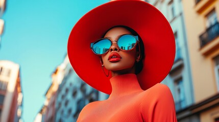 Wall Mural - Fashionable woman in red hat and sunglasses against city buildings.