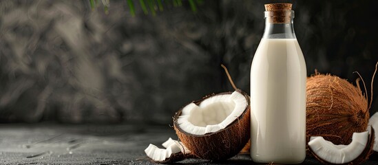 Aufkleber - Closeup of a delicious fresh coconut milk bottle against a black backdrop with space for text or image integration. Creative banner. Copyspace image