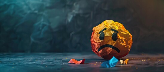 Poster - Crumpled colored paper and an upset emoji on a dark background reflect failed attempts affecting motivation in the copy space image