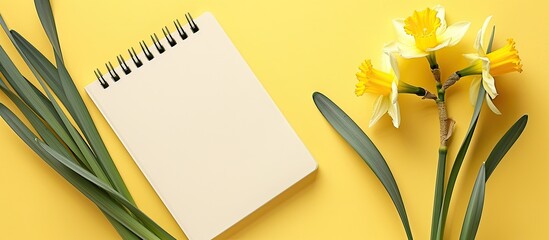 Aufkleber - Spring narcissus on a light yellow background with a blank notebook featuring a daffodil flower on it forming an Easter related design with a spacious area for text or a copy space image