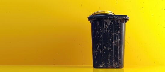Poster - A small trash can is placed against a backdrop of bright yellow with ample copy space image
