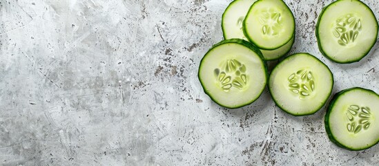 Poster - Horizontal isolated slice of cucumber Cucumis Sativus on a white cement background with ample copy space image