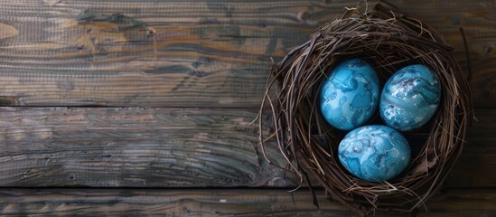 Aufkleber - Modern classic blue Easter eggs in a nest on a wooden table creating a festive Easter decoration with a spacious area for text or images. Creative banner. Copyspace image