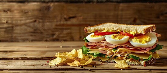 Poster - A new club sandwich featuring ham cheese boiled eggs and potato chips on a wooden backdrop embodying a healthy fast food idea with room for text or images. Creative banner. Copyspace image